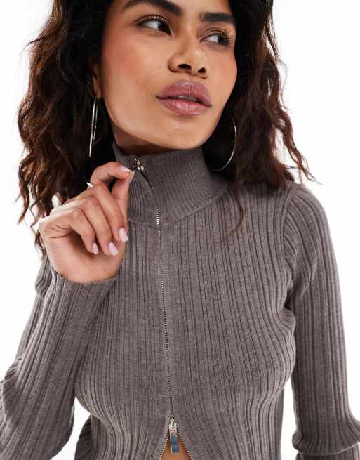 Urban Revivo plissed zip through funnel neck jumper in taupe (part of a set)