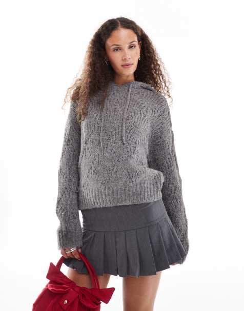 Urban Revivo pointelle fluffy knit hooded jumper in light grey - view 1