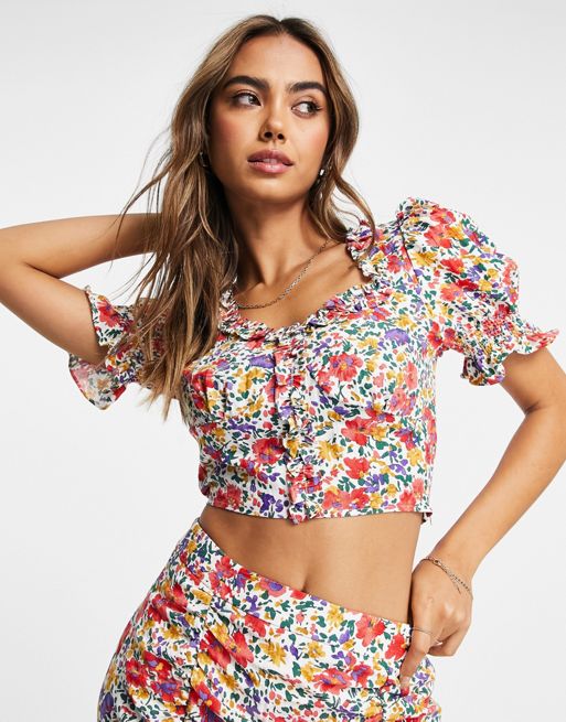 Women Red Floral Puff Sleeves Crop Top With Skirt