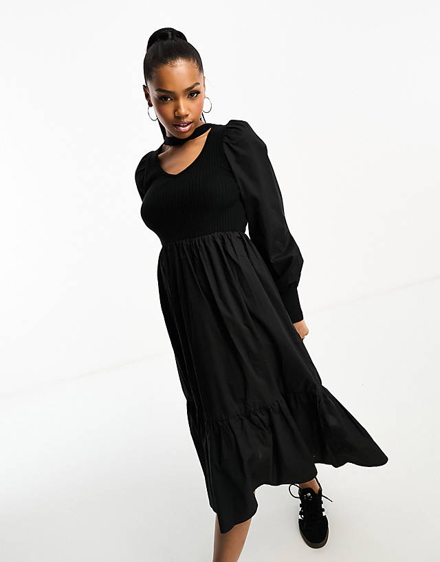 Urban Revivo - puff sleeve choker detail midi dress in black
