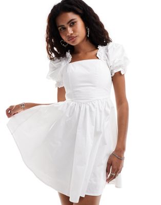 Urban Revivo Puff Sleeve Cotton Mini Tea Dress In White