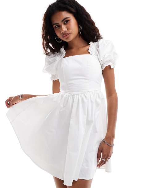 Urban Revivo puff sleeve cotton mini tea dress in white - view 1