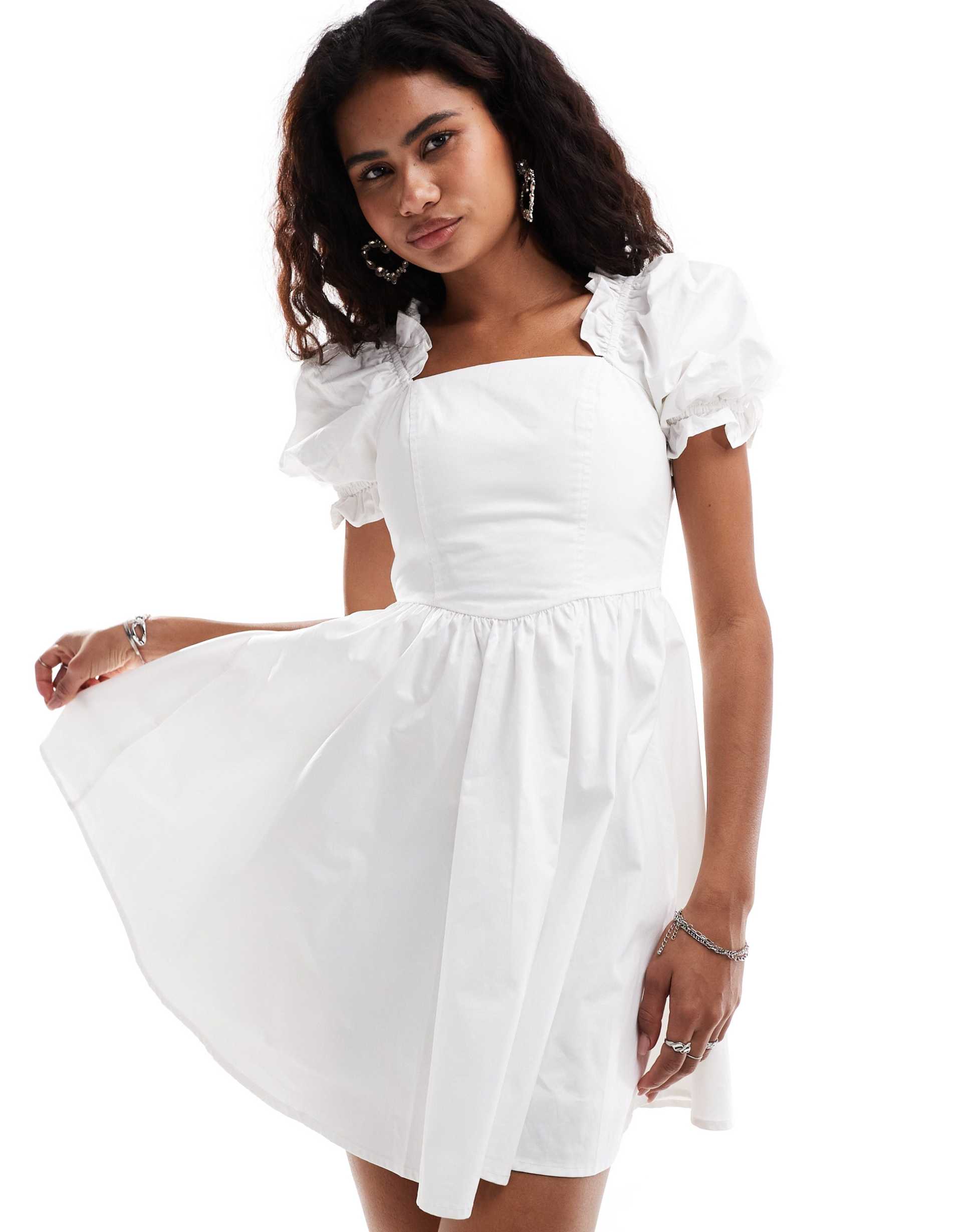 urban revivo puff sleeve cotton mini tea dress in white