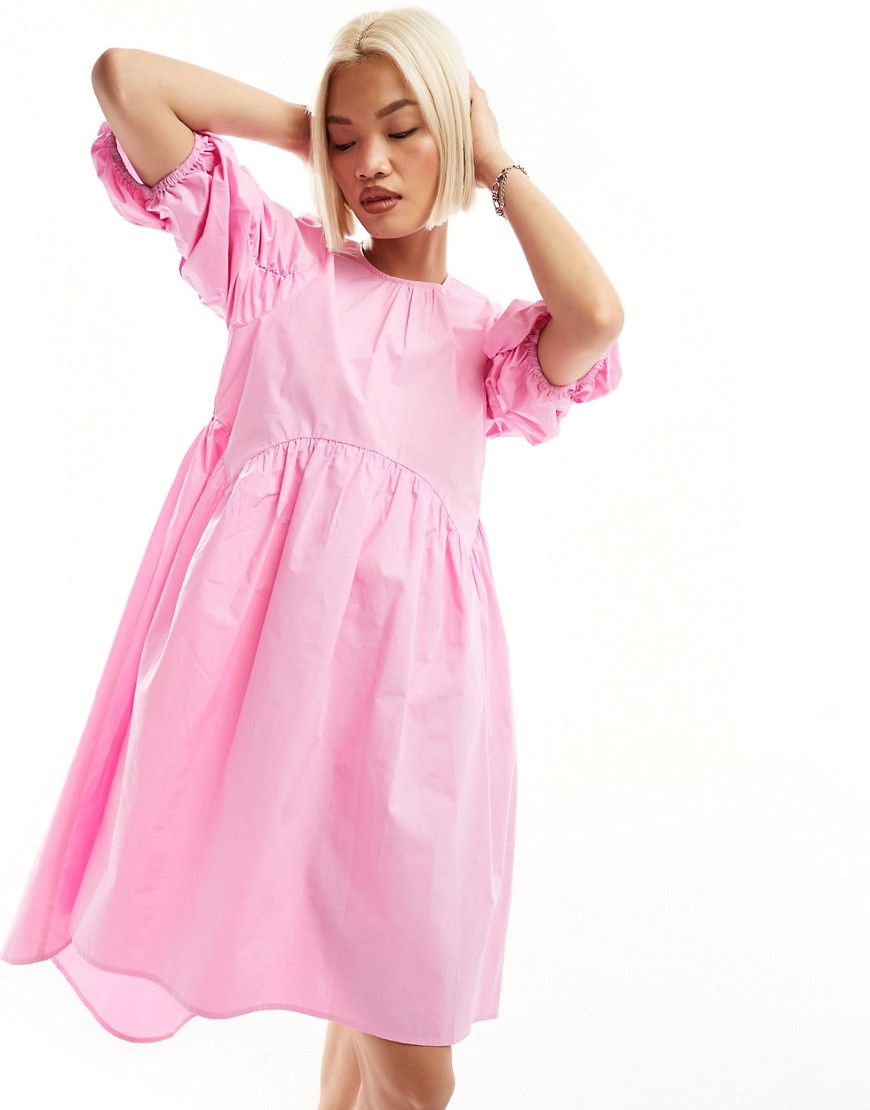 Urban Revivo puff sleeve midaxi smock dress with asymmetric hem in pink