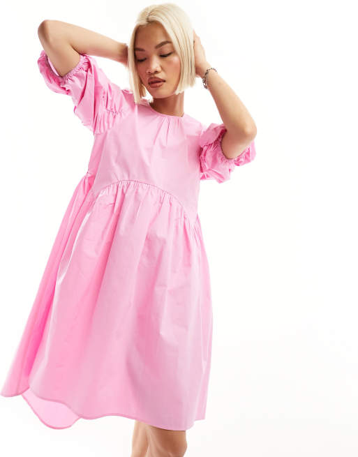 Urban Revivo puff sleeve midaxi smock dress with asymmetric hem in pink ...