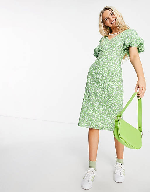 Women Urban Revivo puff sleeve midi dress in green floral 