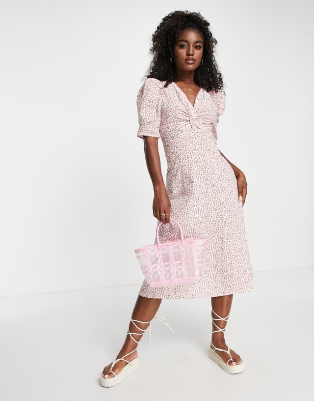 Urban Revivo puff sleeve midi dress in pink floral print