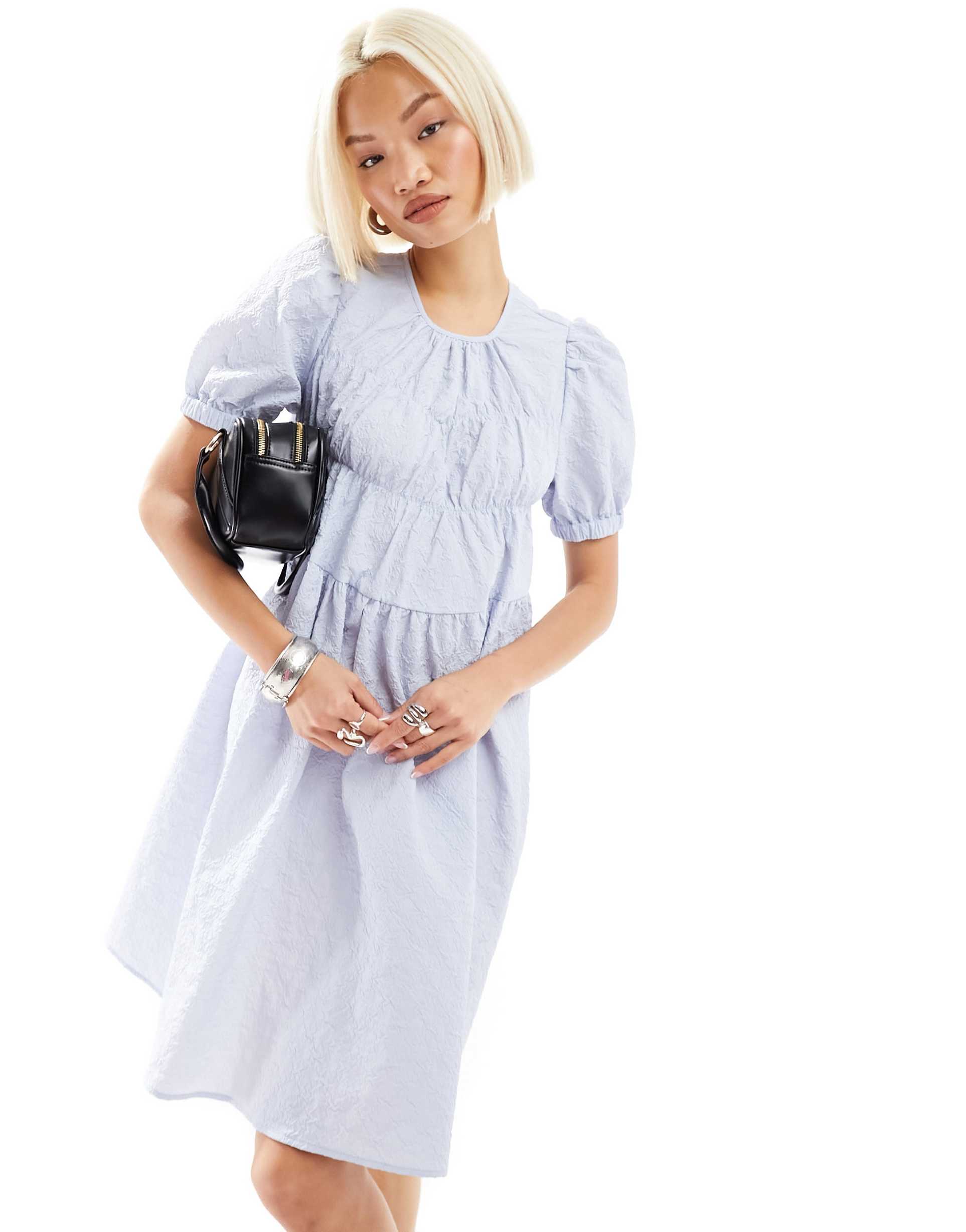 urban revivo puff sleeve textured mini smock dress in sky blue