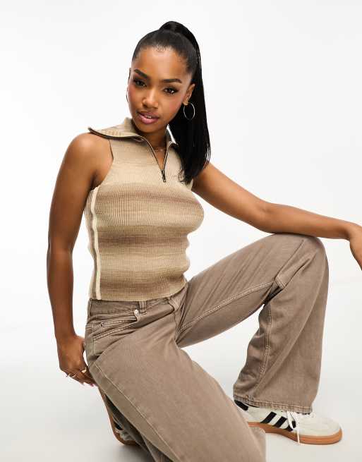 Urban Revivo - Pull sans manches avec col zippé et rayures effet dégradé - Marron