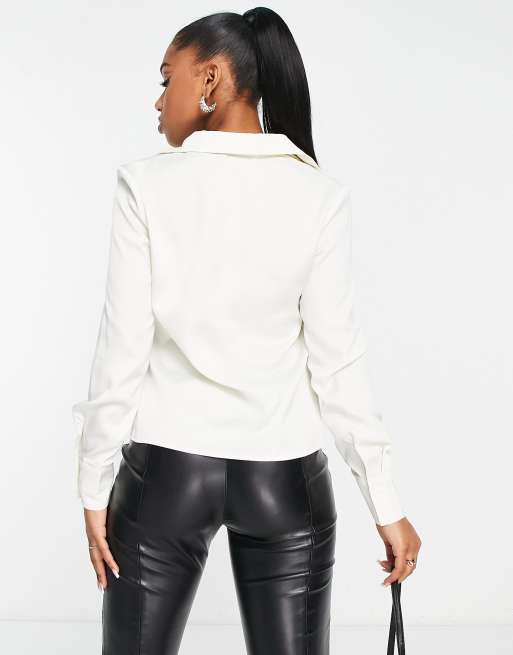 Urban Revivo - Råhvid bluse med bindebånd foran i satin, 2 af 4