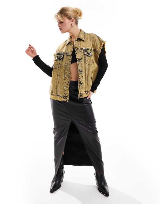 Urban Revivo raw edge sleeveless denim jacket in vintage yellow ASOS