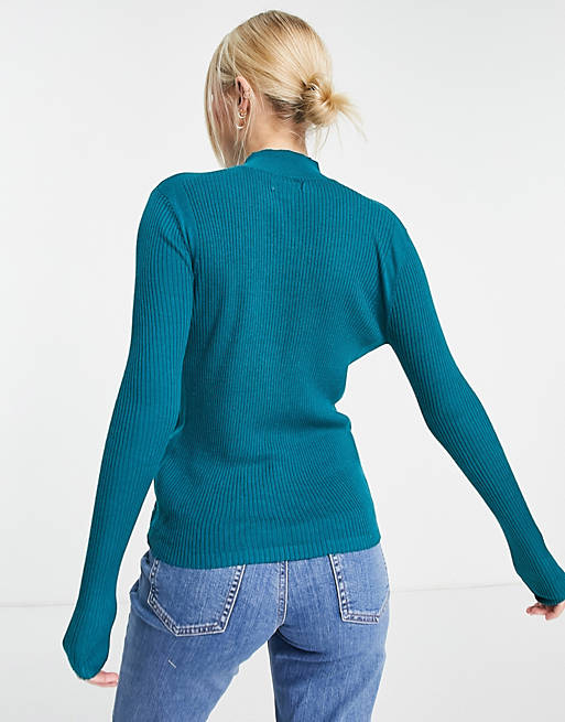 Women Urban Revivo rib knit high neck jumper in green 