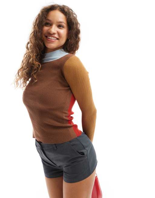 Urban Revivo ribbed colourblock funnel neck jumper in brown