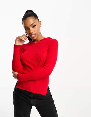 Urban Revivo Urban Revivo ribbed hood detail jumper in red