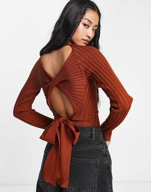 Urban Revivo ribbed knitted crop top with cut out back detailing and bow  fastening in brown