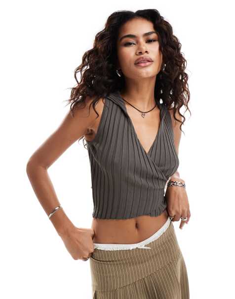 Urban Revivo ribbed wrapover knitted tank top in khaki - view 1
