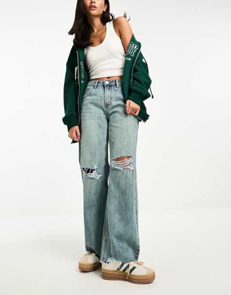 Bershka drawstring waist baggy jeans in mid blue