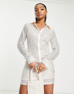 Urban Revivo sequin mini shirt dress in silver - ASOS Price Checker