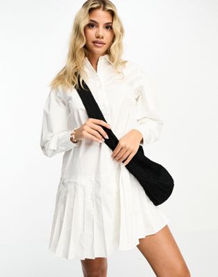 Urban Revivo mini shirt dress with pleated skirt in white - ASOS Price Checker