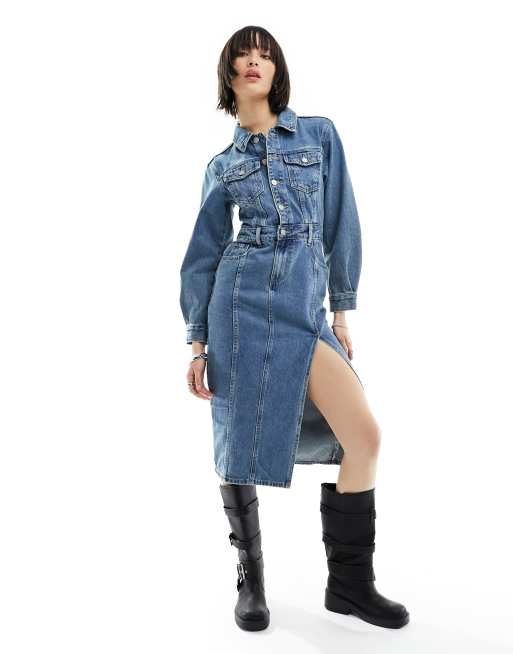 Urban Revivo Robe chemise mi longue en jean Bleu