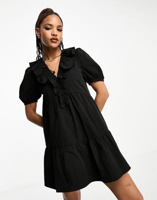Urban Revivo frill collar smock mini dress in black - ASOS Price Checker