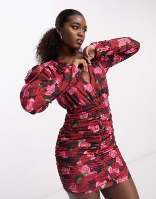 Urban Revivo ruched puff sleeve mini dress in rose print multi - ASOS Price Checker