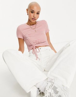 Urban Revivo rouched detail t-shirt in red stripe - ASOS Price Checker