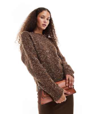 Urban Revivo round neck oversized jumper in dark brown