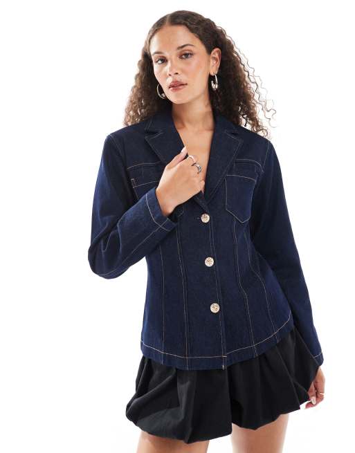 Urban Revivo rounded shoulder denim blazer in indigo blue