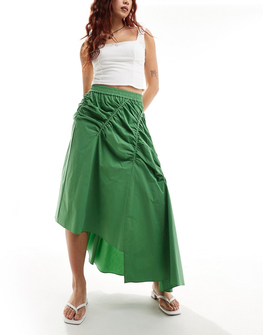 Urban Revivo ruched asymmetric midaxi skirt in grass green