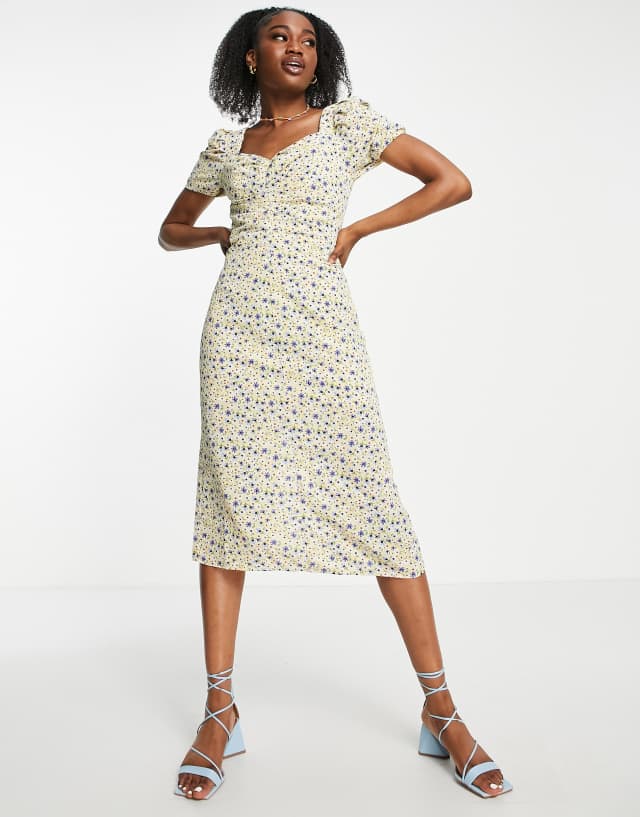 Urban Revivo ruched detail midi dress in yellow floral print