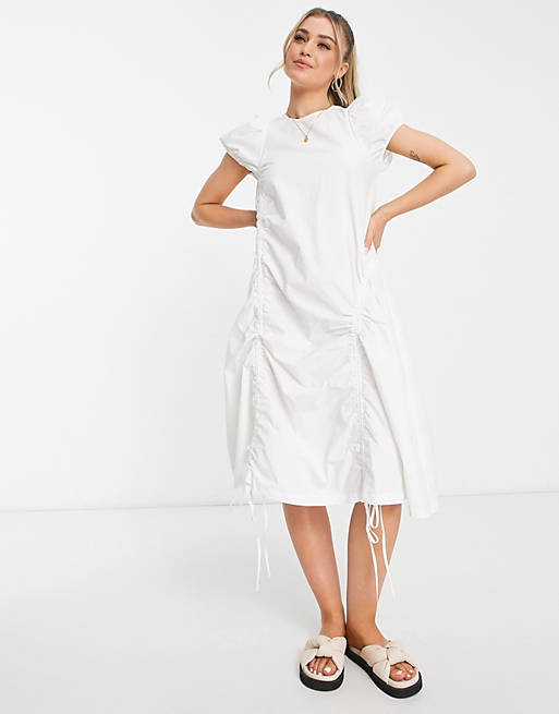 Urban Revivo ruched detail smock midi dress in off white