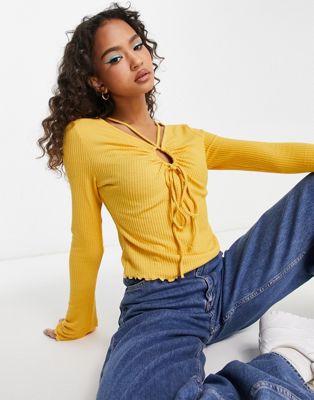 Urban Revivo ruched detailing top with lettuce hem detailing in yellow