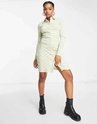 Urban Revivo Ruched Front Mini Shirt Dress In Green Stripe