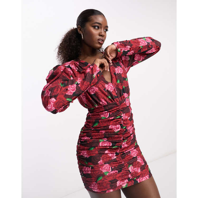 Urban Revivo ruched puff sleeve mini dress in rose print multi