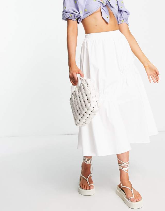 Urban Revivo ruching detail midi skirt in white