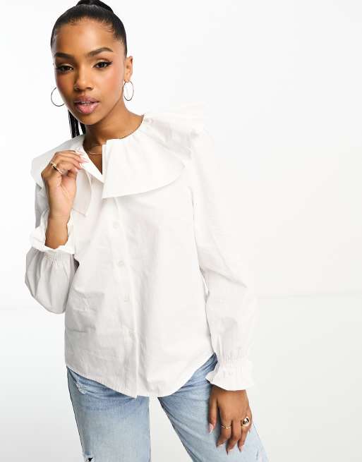 White ruffle neck blouse cheap long sleeve