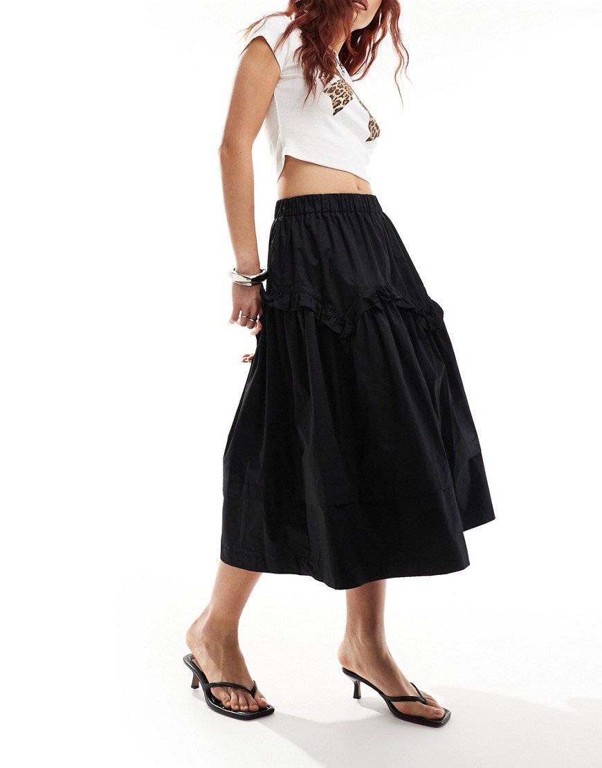 Urban Revivo ruffle detail cotton midaxi skirt in black