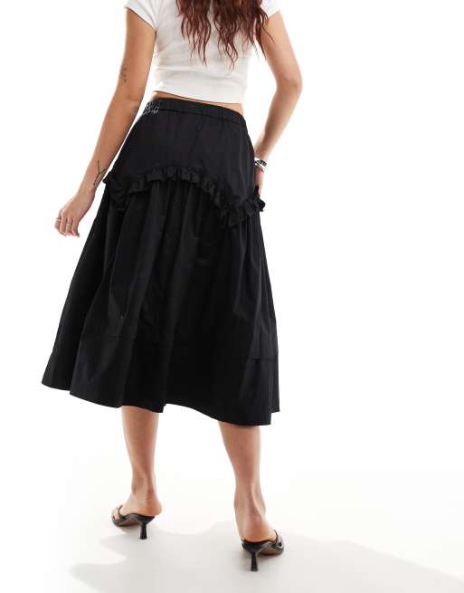 Urban Revivo ruffle detail cotton midaxi skirt in black