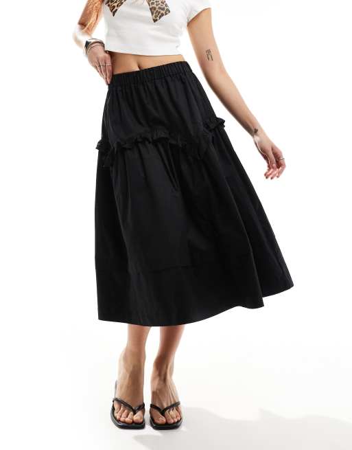 Urban Revivo ruffle detail cotton midaxi skirt in black