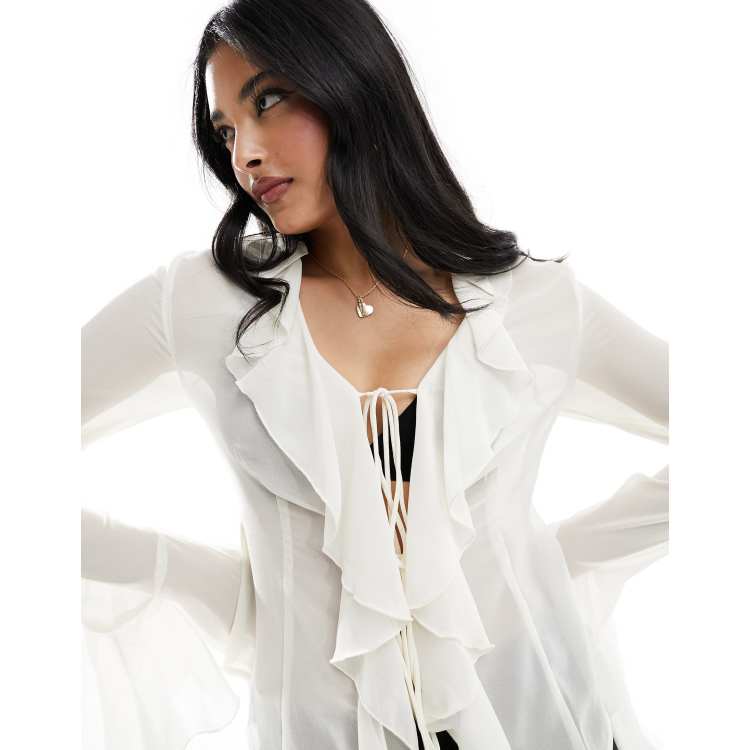 Urban Revivo ruffle front flared sleeve blouse in ivory