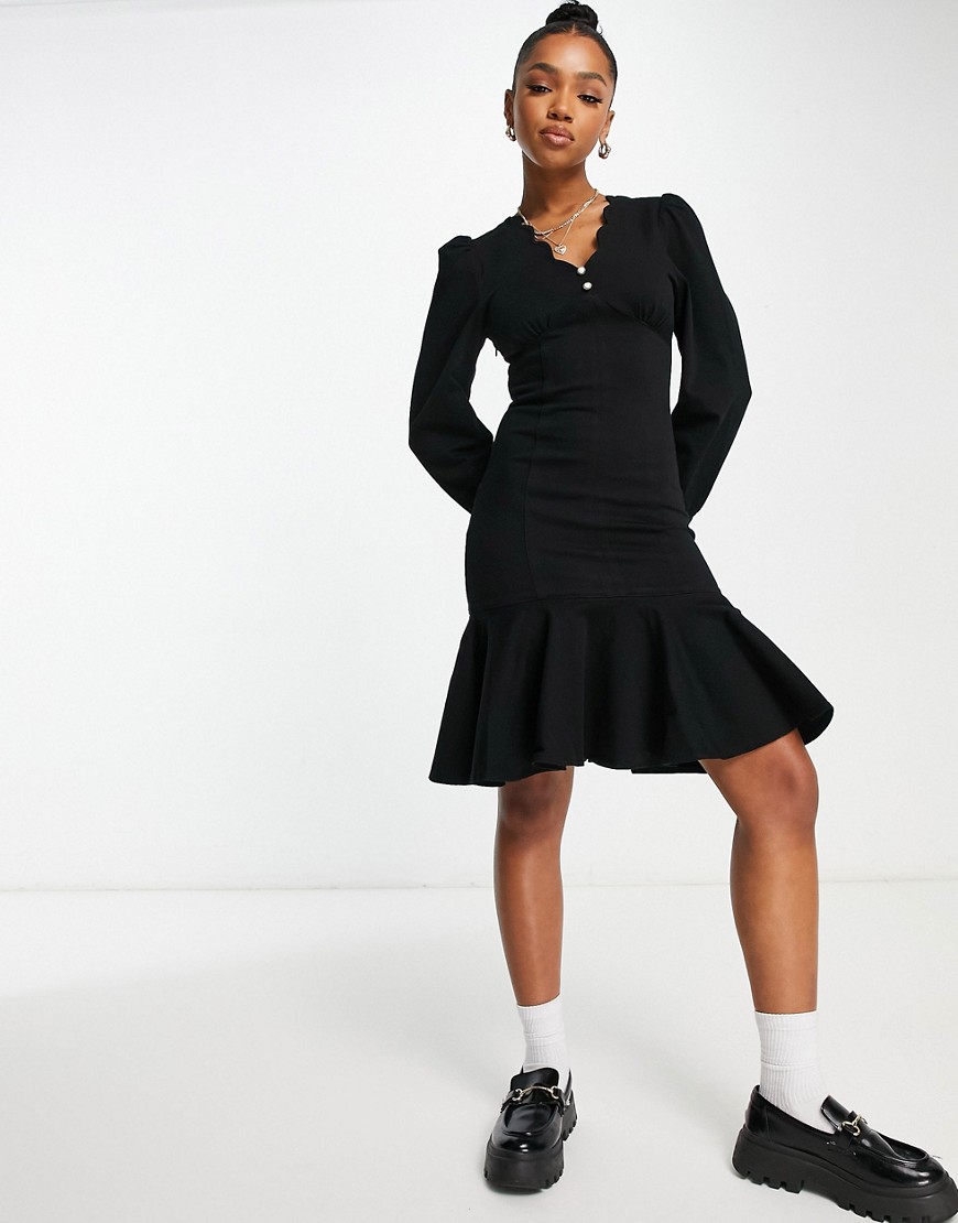 Urban Revivo scalloped edge denim mini dress in black
