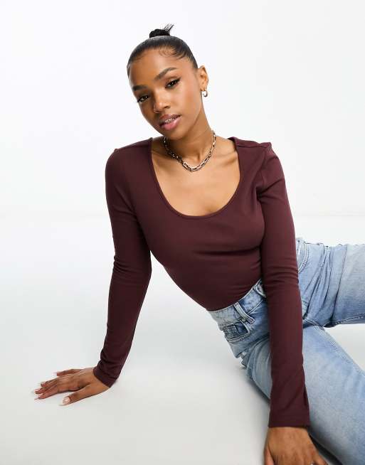 Urban Revivo scoop neck long sleeve top in coffee brown