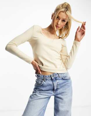 Urban Revivo Urban Revivo scoop neck long sleeve top in stone-Green