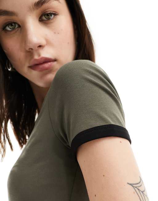 Urban Revivo scoop neck ringer t-shirt in khaki