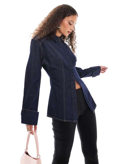 Urban Revivo sculpted denim shirt in indigo blue