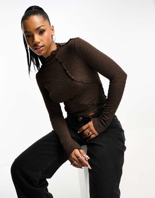 Petite Black Ribbed Seam Detail Long Sleeve Top