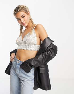 Urban Revivo Sequin Cropped Cami Top In Silver