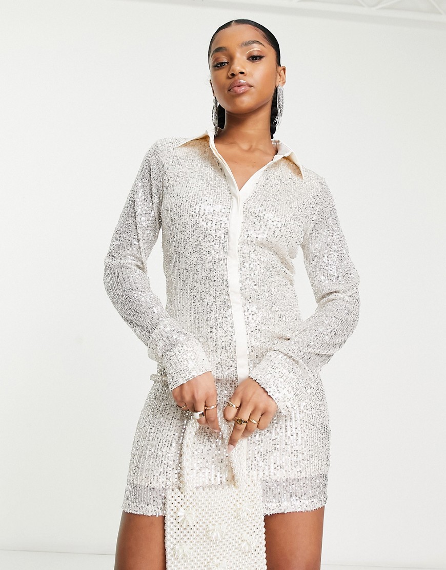 Urban Revivo sequin mini shirt dress in silver