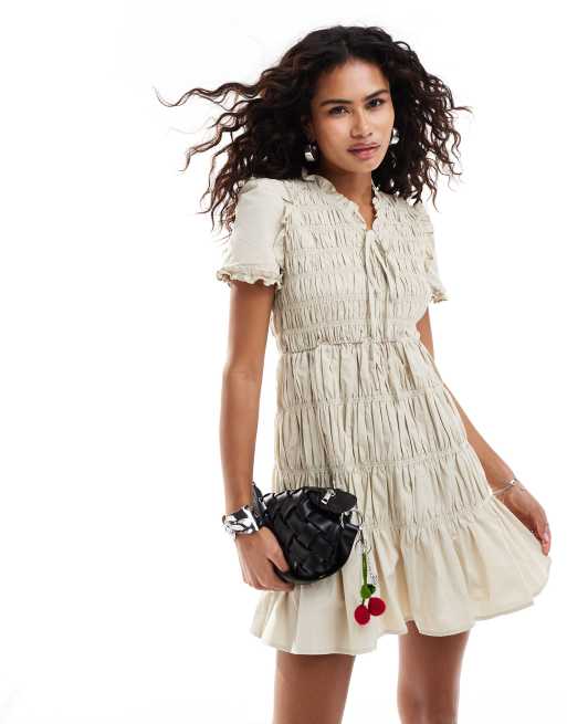 Urban Revivo shirred mini shirt dress in stone
